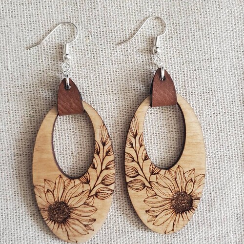 Sunflower Wooden Engraved Earrings Etsy