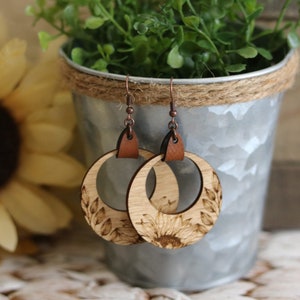 Sunflower wooden engraved earrings