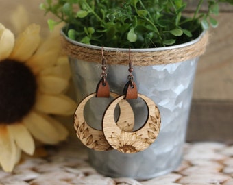 Sunflower wooden engraved earrings