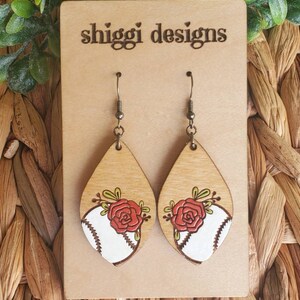 Baseball with Rose wooden engraved earrings