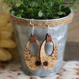 Sunflower wooden oval engraved earrings