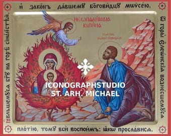 Icono de la Zarza Ardiente de la Madre de Dios - Arte pintado a mano de la Theotokos Ortodoxa - Protección del Hogar