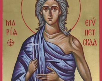 May include: A religious icon painting on a gold background depicting a figure with long gray hair, wearing a draped blue garment, and holding a thin cross. The text "Iconographic Studio St. Arh. Michael" is printed at the bottom of the image.