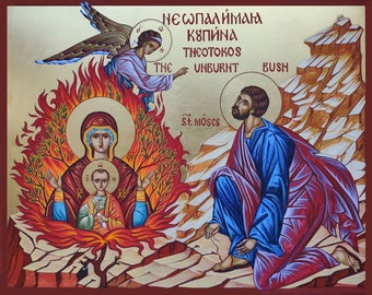 El icono pintado a mano de la Zarza Ardiente