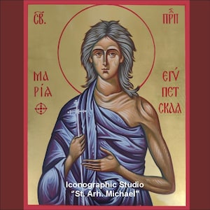 St. Mary of Egypt Hand-Painted Orthodox Icon-Early Christian saints, religious artwork icon with golden leaves, baptism gift, godfather gift