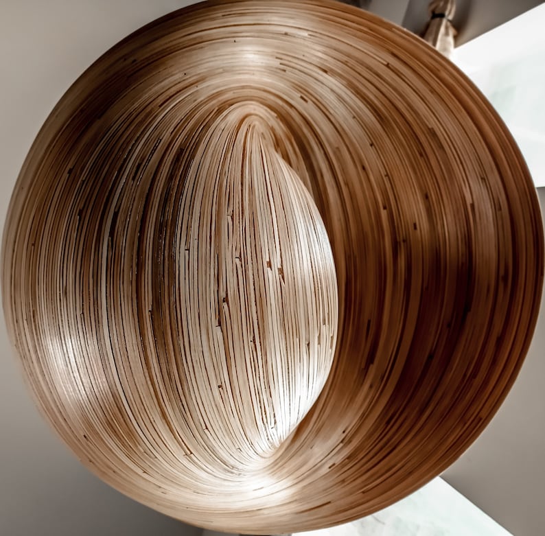 Op de afbeelding: Een grote, abstracte sculptuur gemaakt van gelaagde, lichtbruine houten stroken. Het ontwerp toont een centrale, langwerpige ovale vorm omgeven door een cirkelvormige, spiraalvormige vorm. De houtnerf voegt textuur en diepte toe aan het kunstwerk.