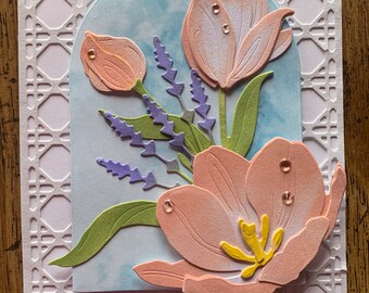 Peach tulips and Lupine card