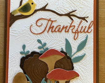 Thankful Thanksgiving Card Warbler and Mushrooms