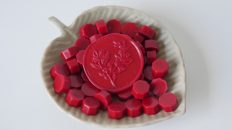 May include: A collection of red sealing wax pieces and a round wax seal with a floral design, presented in a leaf-shaped ceramic dish. The wax pieces are hexagonal and the seal is embossed with a detailed botanical image.