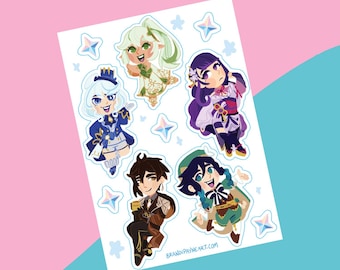 Puede incluir: Un conjunto de cinco pegatinas con personajes de estilo anime con ropa y accesorios coloridos. Las pegatinas están sobre un fondo blanco con estrellas y mariposas azules y blancas.