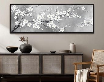 White Black Gold Plum Blossom Canvas Art, Modern Botanical Floral Wall Decor
