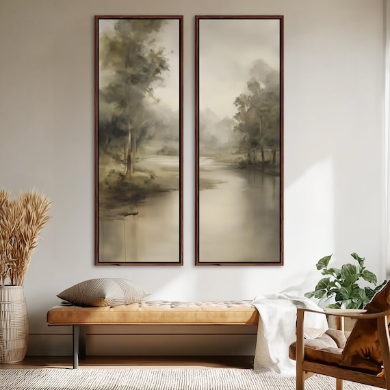Set of 2 Vertical River Landscape Wall Art, Large Tonal Nature Canvas Prints, Tall Narrow Misty Forest Diptych, Modern Heritage Entryway Art