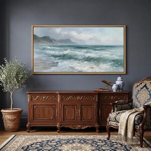 Large Ocean Wave Wall Art, Coastal Seascape Canvas Print, Blue Crashing Waves Painting, Modern Beach House Decor, Above Bed Art
