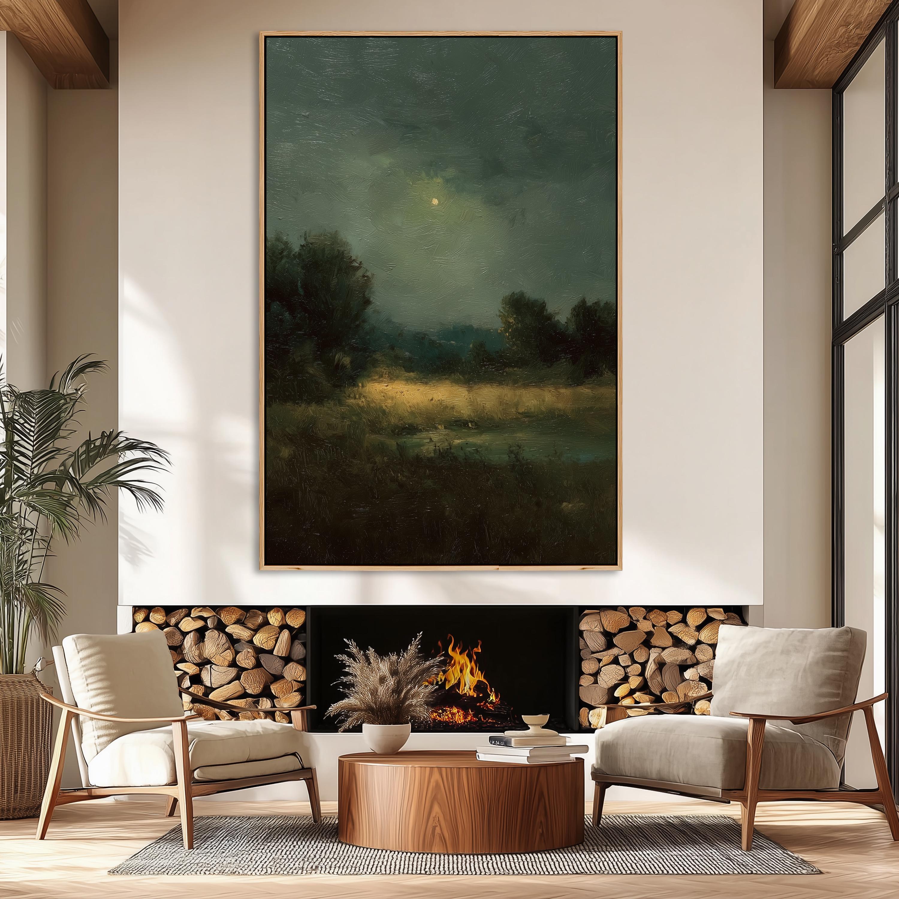 Dark Green Moonlit Forest Canvas Print | Vintage Landscape Wall Art - Etsy
