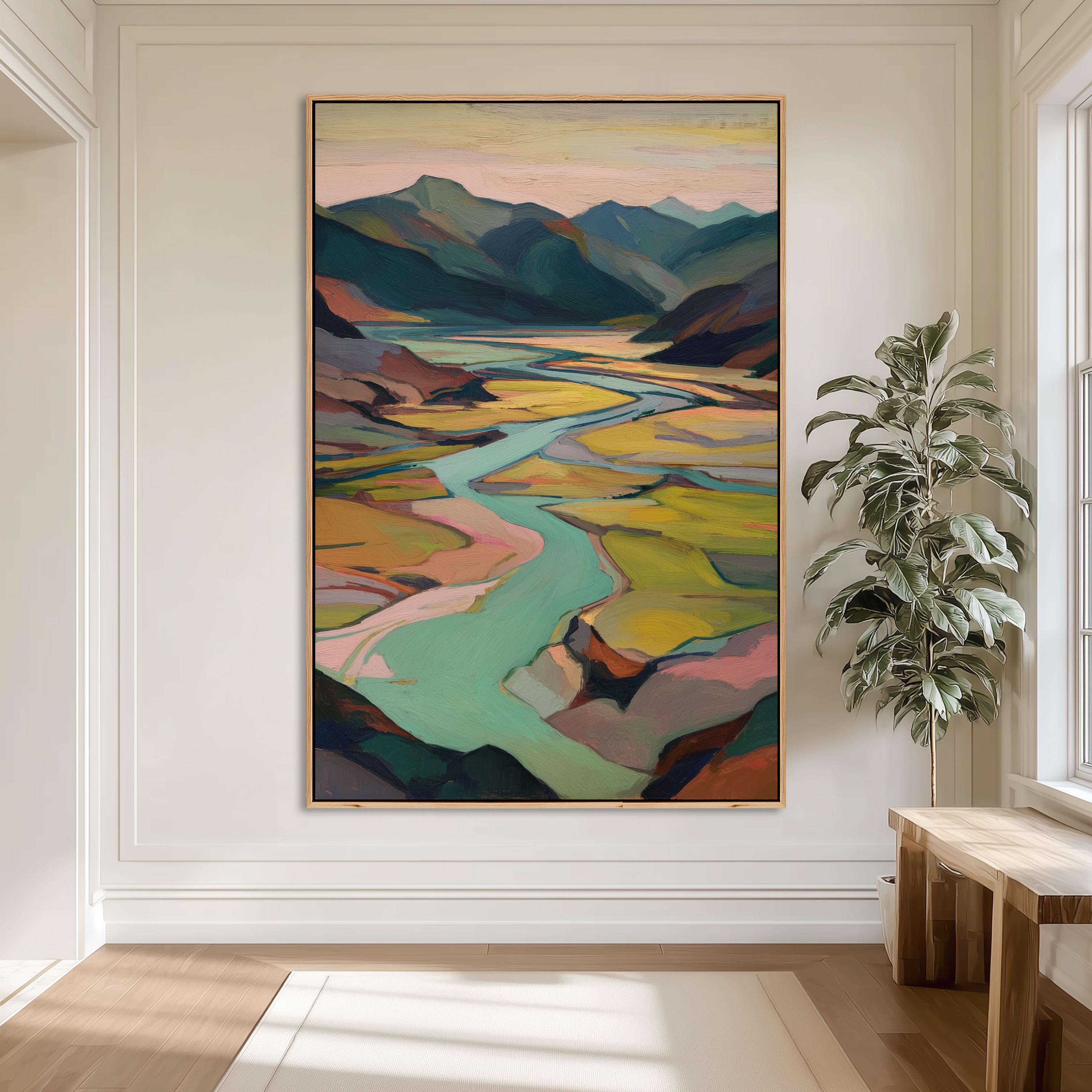River Valley Mountain Wall Art | Large Framed Canvas Print | Teal Green ...