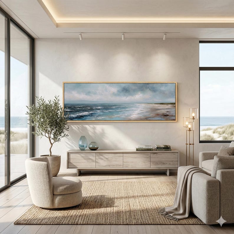 Large Panoramic Beach Wall Art, Abstract Ocean Oil Painting Canvas ...