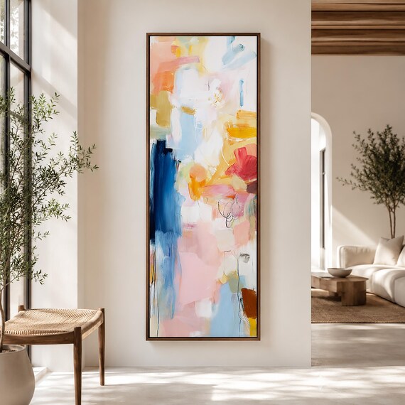 Colorful Vertical Abstract Wall Art, Tall Modern Canvas Print, Pastel Pink Blue Painting, Contemporary Decor, Large Wall Art