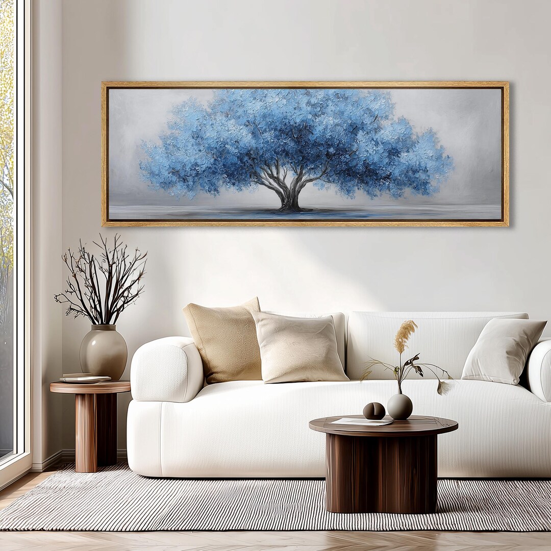 Blue Tree Oil Painting Large Framed, Abstract Blue Landscape Wall Art ...