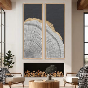 May include: Two framed abstract art pieces. Each features a section of a tree trunk with a dark gray background and gold-colored accents. The tree rings are detailed in black and white. The frames are a light wood color.