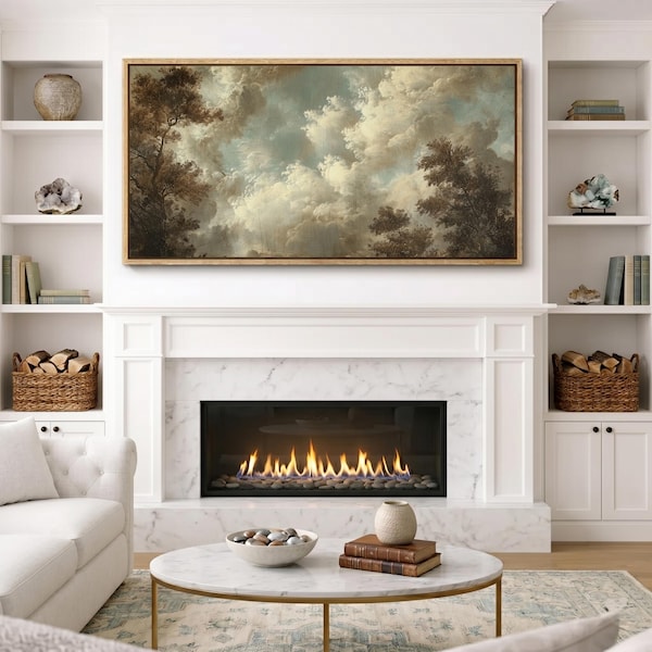 Large Vintage Cloud Landscape Wall Art, Large Panoramic Skyscape Canvas Print, Antique Style Nature Painting, Moody Wall Decor