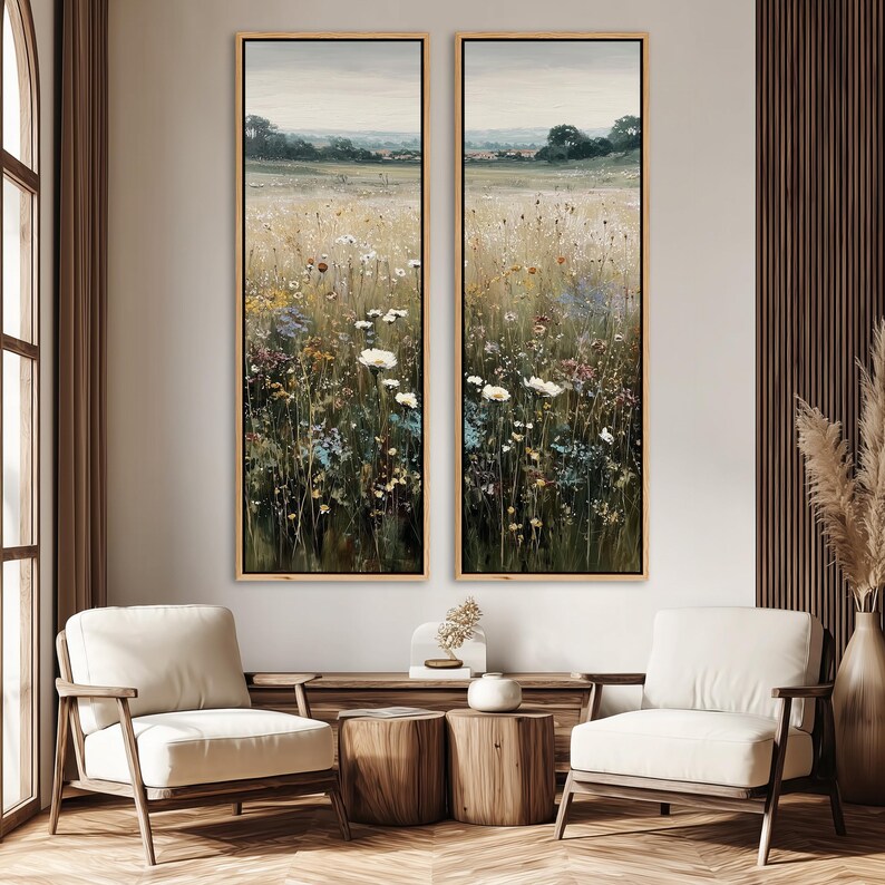 Set of 2 Wildflower Field Landscape Wall Art, Large Framed Soft ...