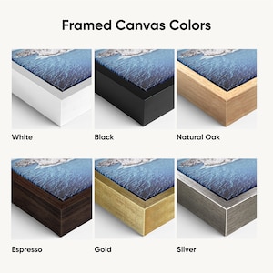 May include: Image showcasing framed canvas art in six different frame colors: white, black, natural oak, espresso, gold, and silver. The text "Framed Canvas Colors" is at the top. Each frame displays a landscape image with blue and white tones.