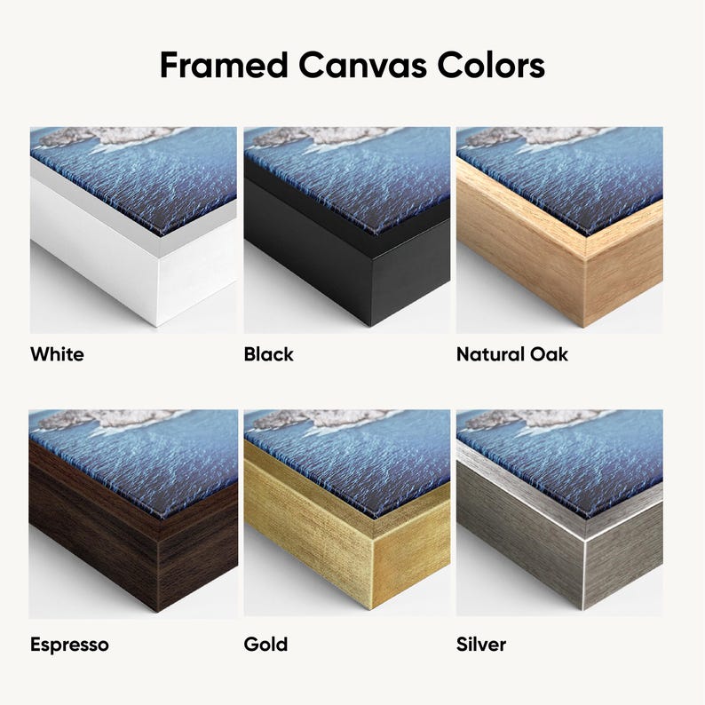 May include: Image showcasing framed canvas art in six different frame colors: white, black, natural oak, espresso, gold, and silver. The text "Framed Canvas Colors" is at the top. Each frame displays a landscape image with blue and white tones.