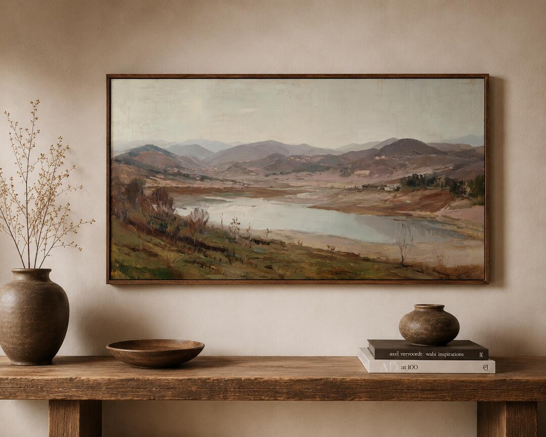 Neutral Mountain Landscape Wall Art, Wabi Sabi Lake Painting, Large ...