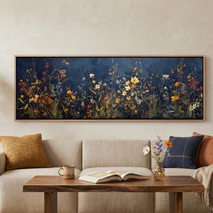 Large Wildflower Navy Blue Wall Art Dark Floral Wide Horizontal Canvas Print Moody Meadow Decor Over The Sofa Bed