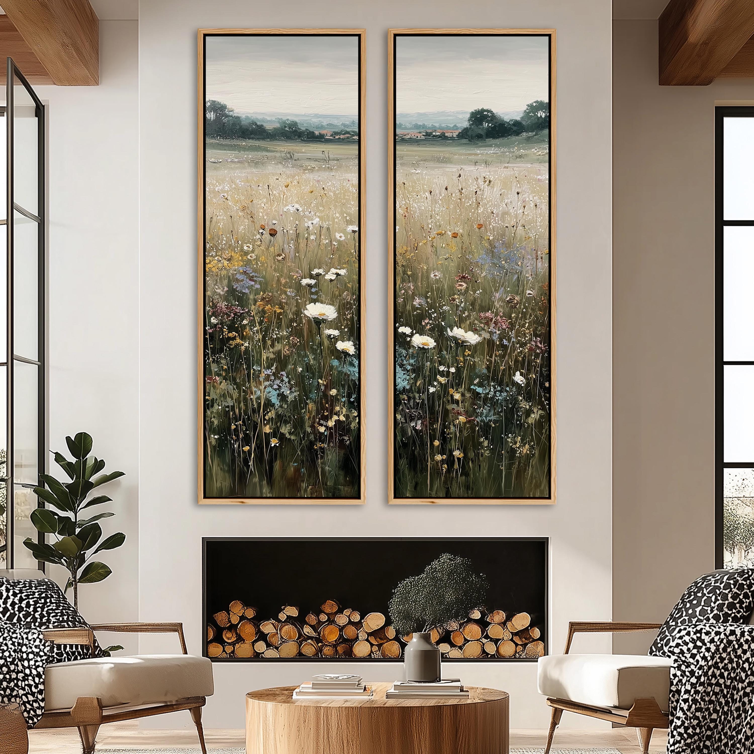 Set of 2 Wildflower Field Landscape Wall Art, Large Framed Soft ...