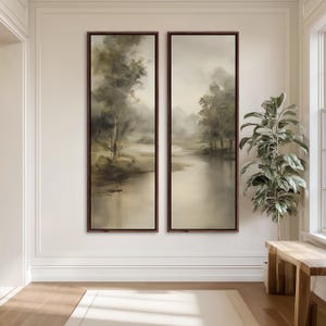 Set of 2 Vertical River Landscape Wall Art, Large Tonal Nature Canvas Prints, Tall Narrow Misty Forest Diptych, Modern Heritage Entryway Art image 4