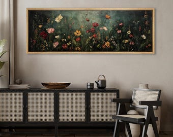 Moody Vintage Wildflower Oil Painting Print, Dark Green Floral Wall Art, Botanical Cottagecore Decor