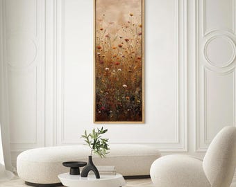 May include: Vertical framed artwork featuring a field of wildflowers in shades of red, orange, and white against a muted brown background. The artwork is in a rectangular, vertical format with a light brown wooden frame. The painting evokes a sense of nature and tranquility.