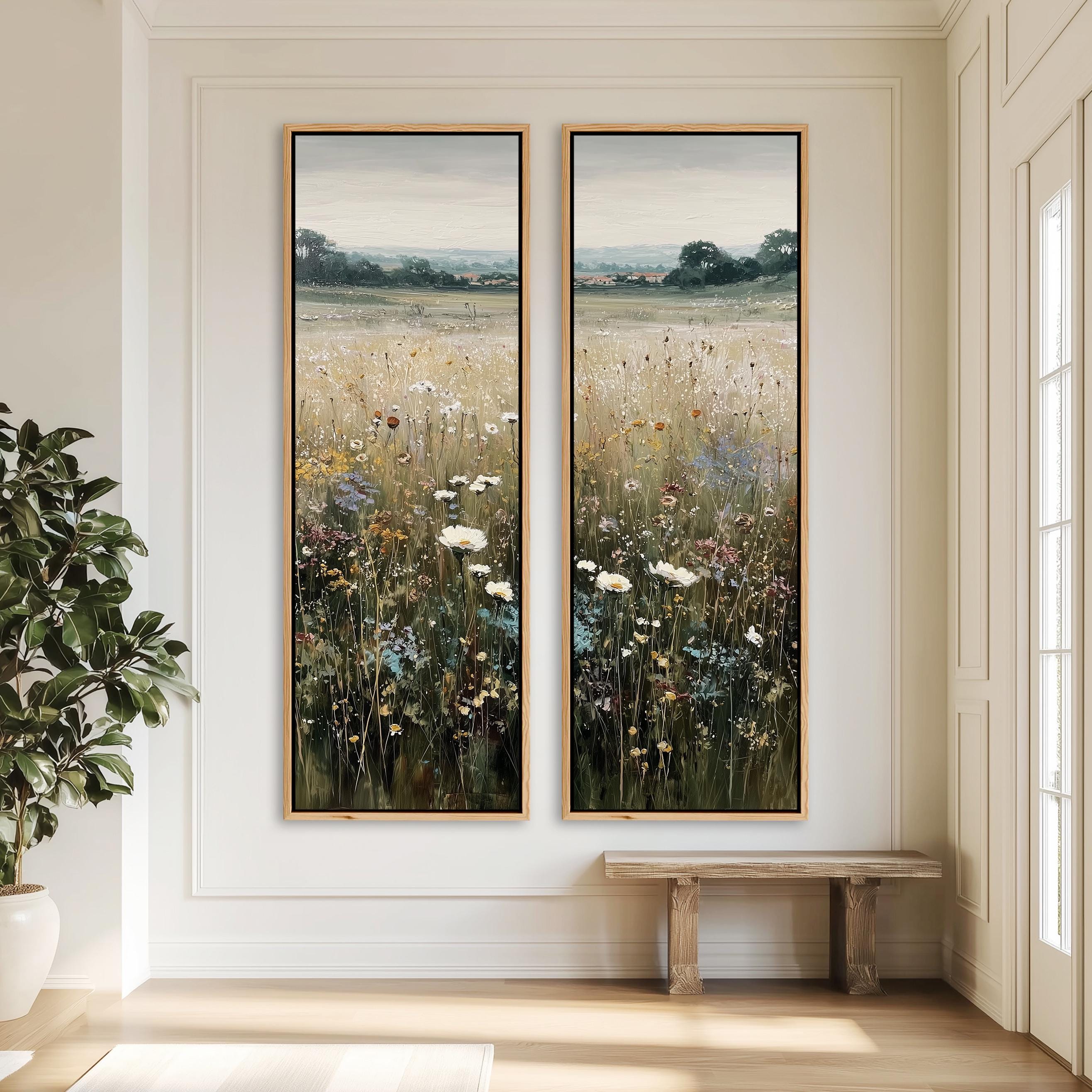 Set of 2 Wildflower Field Landscape Wall Art, Large Framed Soft ...