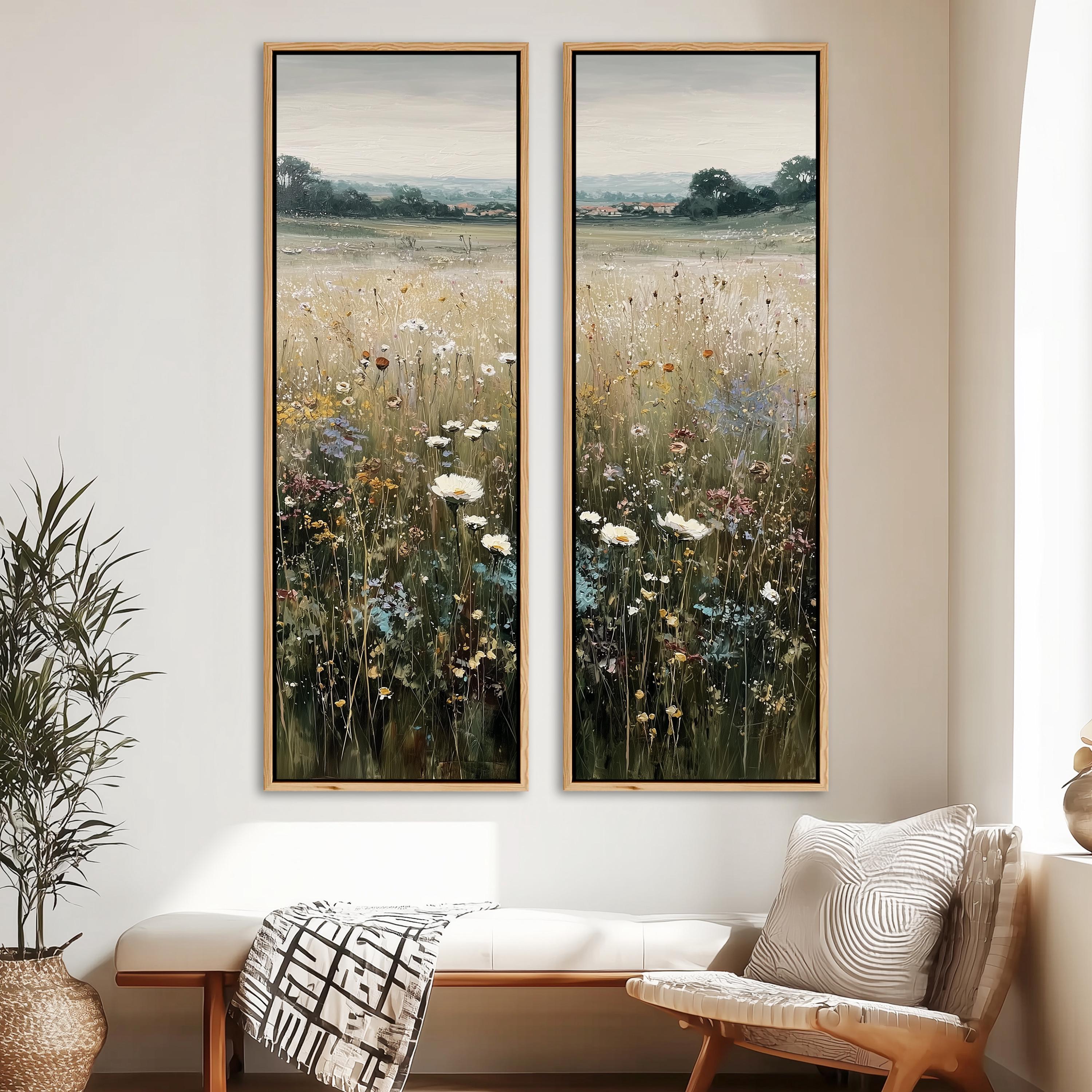 Set of 2 Wildflower Field Landscape Wall Art, Large Framed Soft ...