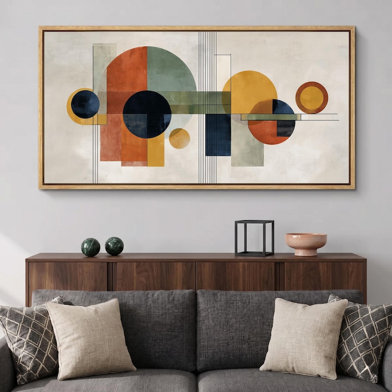 Mid Century Modern Geometric Wall Art, Large Panoramic Bauhaus Canvas ...