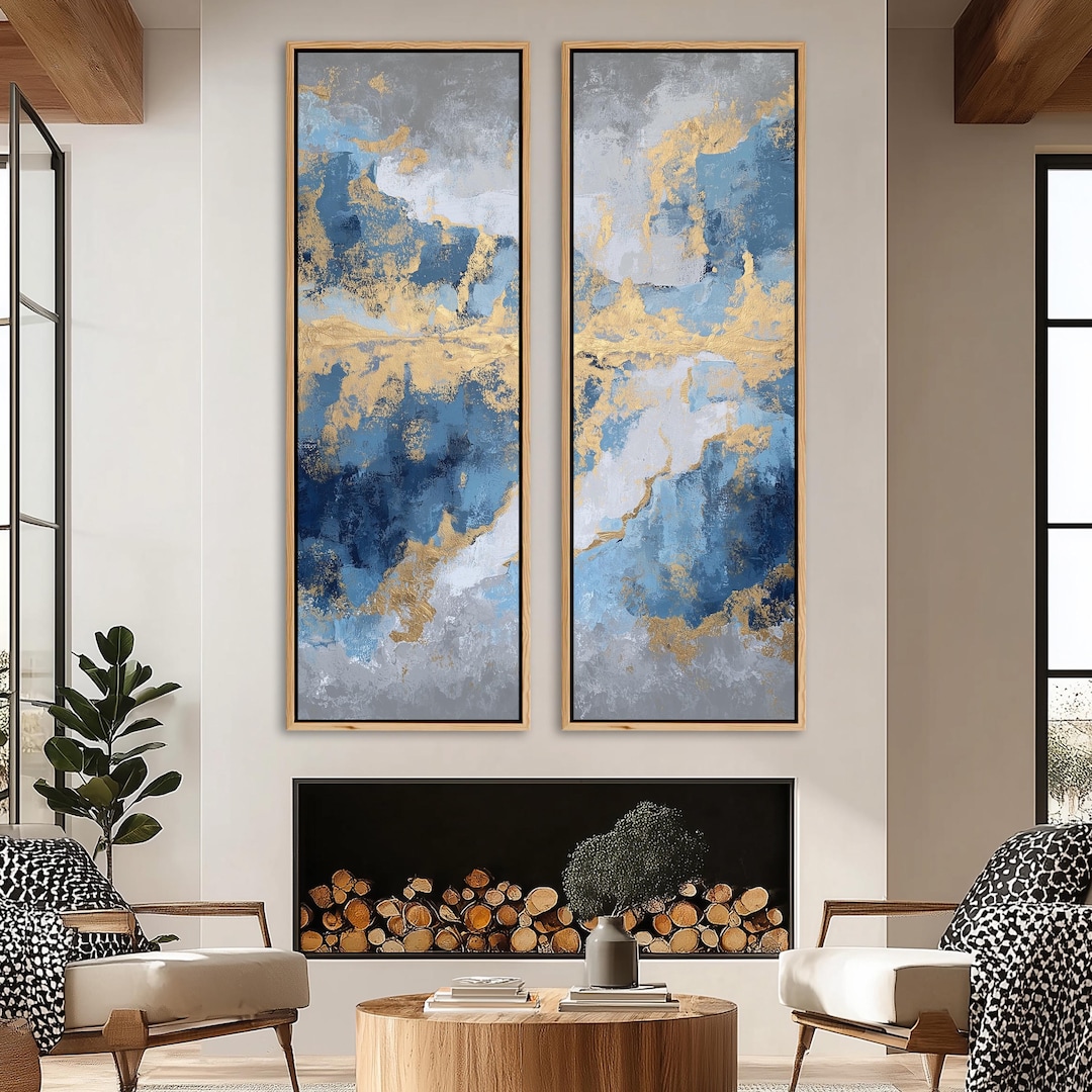 Blue Gold Abstract Large Framed Canvas Wall Art, Modern Luxury Painting ...