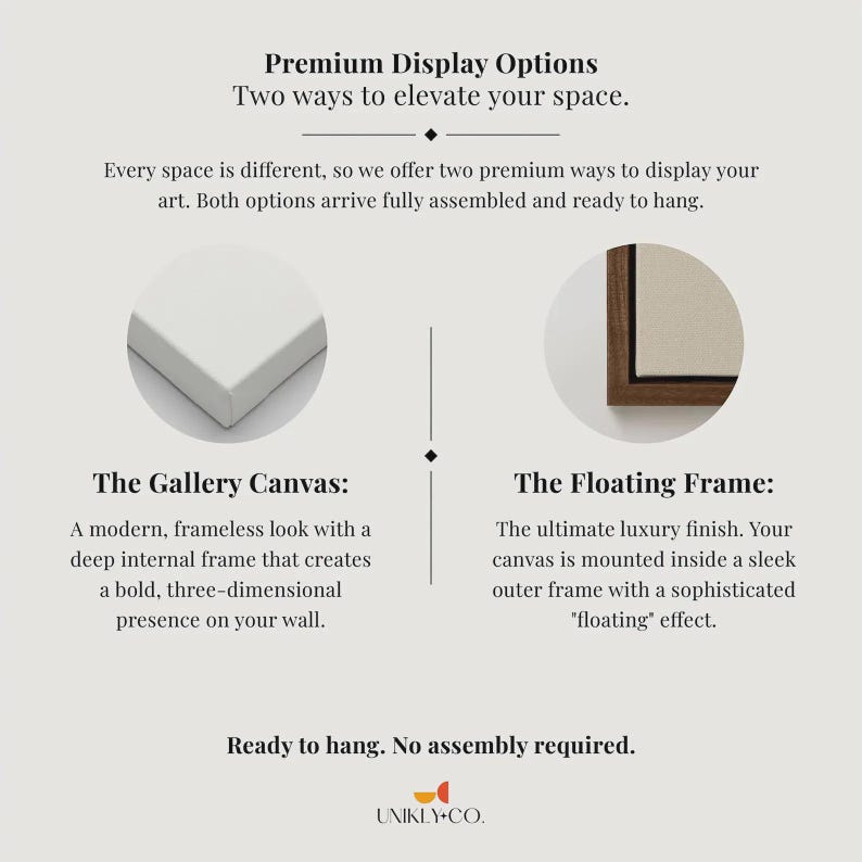 May include: An advertisement for premium display options for art. The text describes two options: The Gallery Canvas and The Floating Frame. The Gallery Canvas has a frameless look, and the Floating Frame has a sleek outer frame.