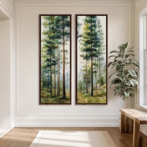 Set of 2 Vertical Forest Wall Art, Tall Narrow Pine Tree Canvas Prints, Watercolor Nature, Entryway Decor, Modern Organic Woodland Art