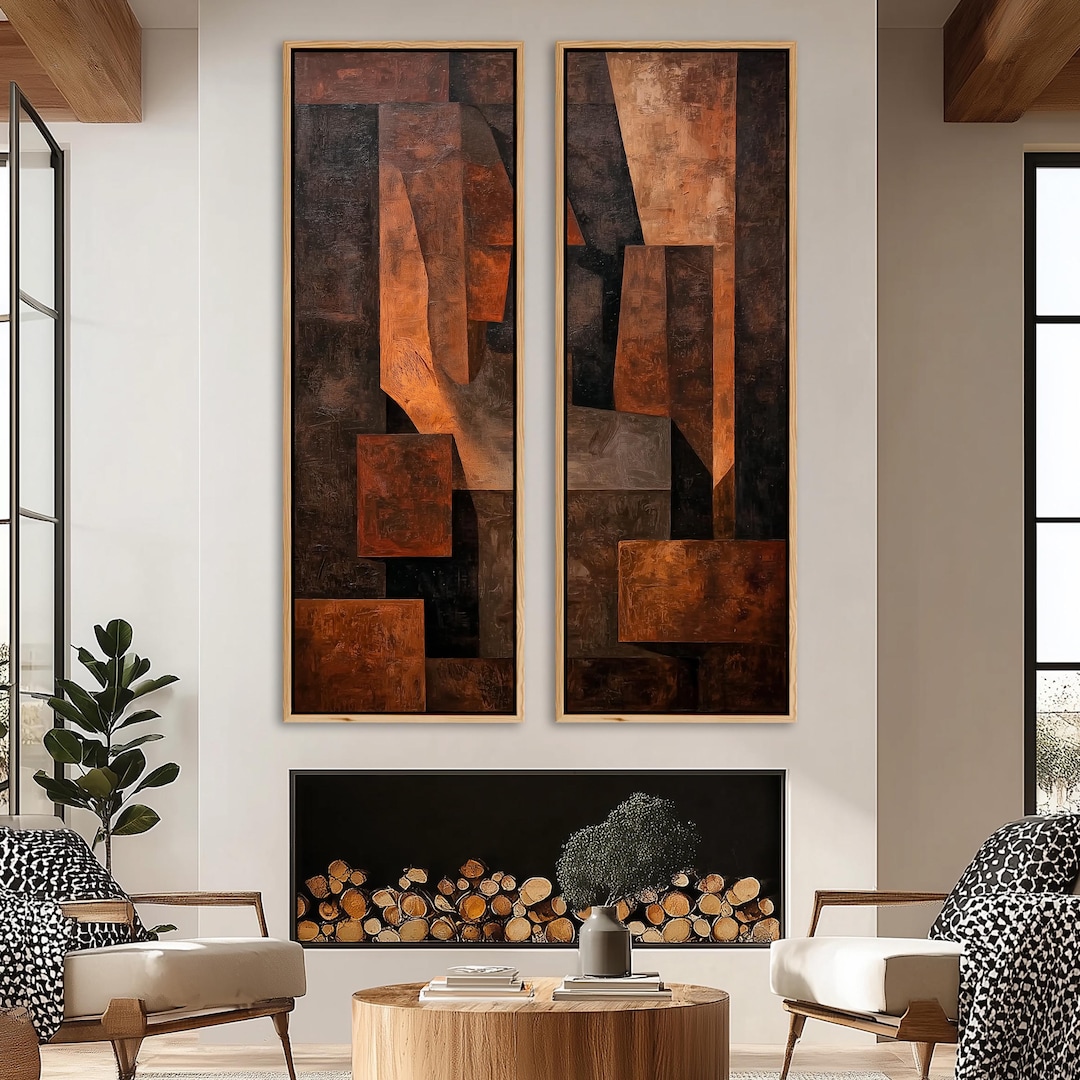 Set of 2 Large Industrial Abstract Wall Art, Vertical Geometric Canvas ...