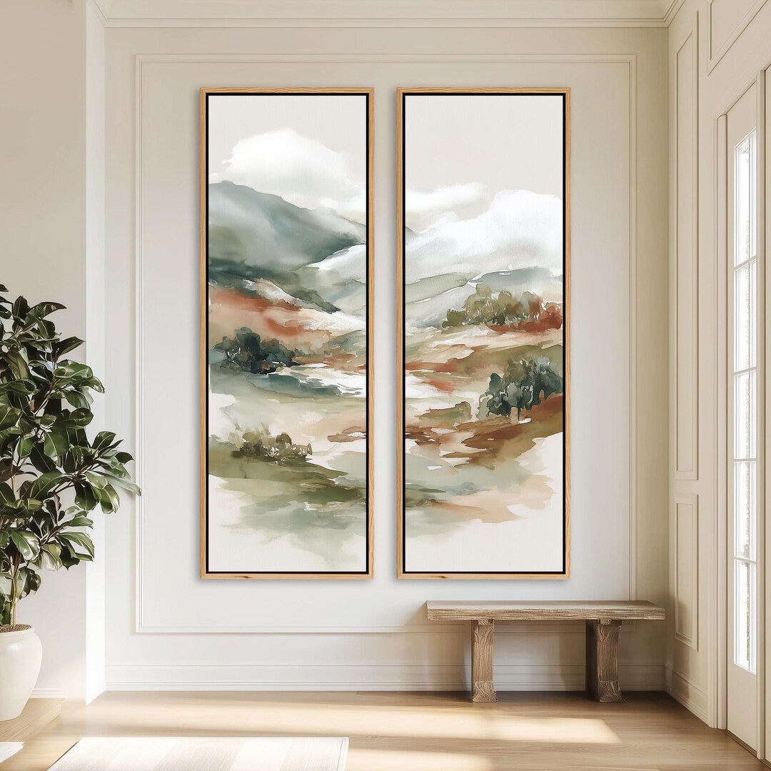 Abstract Mountain Wall Art - Set of 2 Large Framed Watercolor Canvas ...