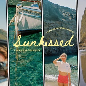 May include: A digital collage featuring four vertical panels displaying travel scenes, including a boat on turquoise water, a person on a beach, and coastal cliffs. The text reads Lightroom Mobile Preset Sunkissed 35mm Film Enhancer.