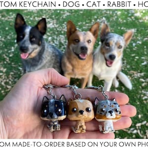 May include: Three custom-made dog keychain charms, each featuring a different breed of dog. The charms are made to look like miniature versions of the dogs, with realistic details. The charms are hanging from silver keychains.