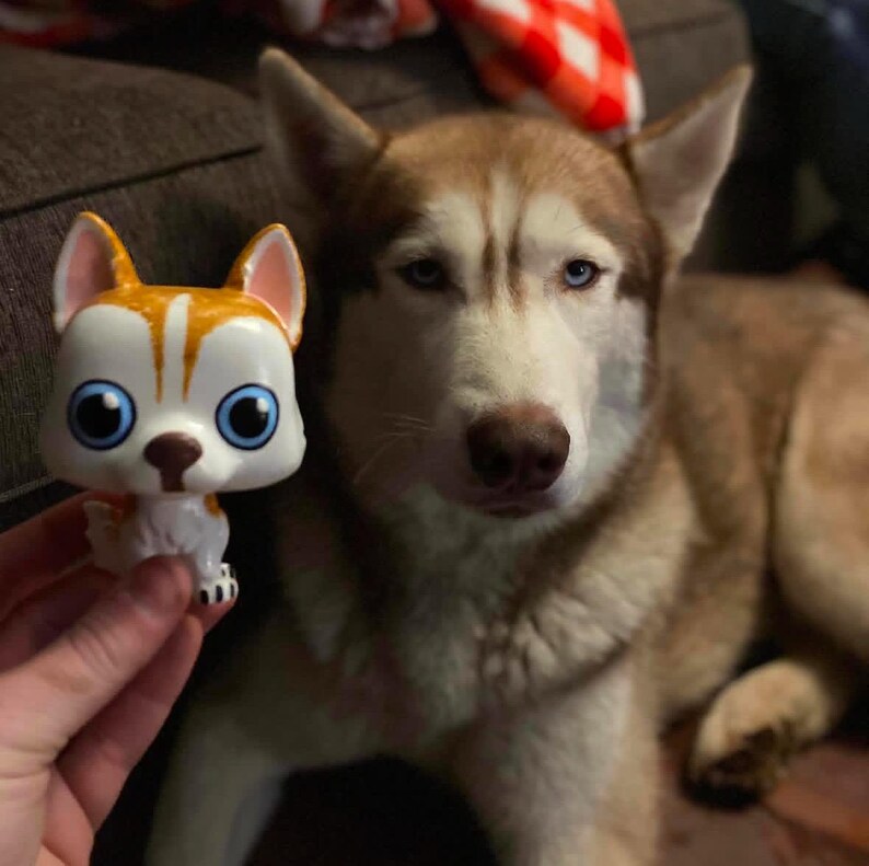May include: A white and orange ceramic figurine of a husky dog with blue eyes, held in a person's hand, next to a larger brown and white husky dog with blue eyes.