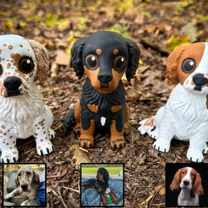 May include: Three dog figurines in a forest setting. The dogs are a white and brown spotted setter, a black and brown dachshund, and a white and brown spaniel. Each has large, expressive eyes. Small photos of the real dogs are at the bottom.
