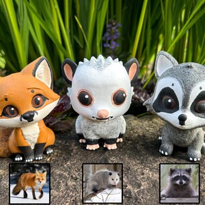 wild critter figurine, forrest friends, wild animal, favorite animal, cartoon animal, gifts for animal lovers, fox, opposum, raccoon, animal