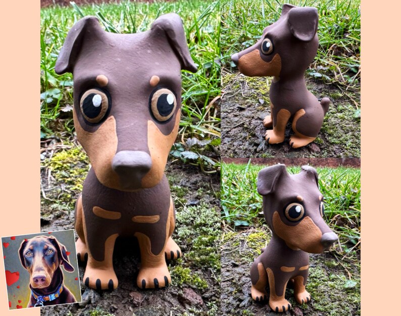 May include: A hand-painted ceramic figurine of a brown and tan dog with large eyes. The figurine is sitting on a bed of green moss.