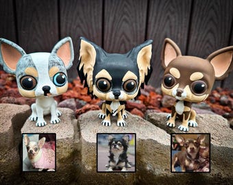 May include: Three chihuahua figurines with large eyes, painted in different colors: gray and white, black and brown, and brown. Each figurine is standing on a rock. Below each figurine is a photo of a real chihuahua.