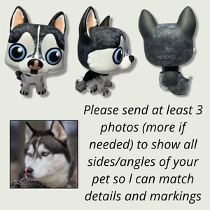 May include: Three different views of a custom-painted figurine of a husky dog. The figurine is white with black markings and has blue eyes. The figurine is standing on a white background.