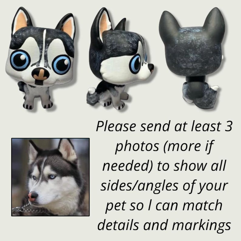 May include: Three different views of a custom-painted figurine of a husky dog. The figurine is white with black markings and has blue eyes. The figurine is standing on a white background.